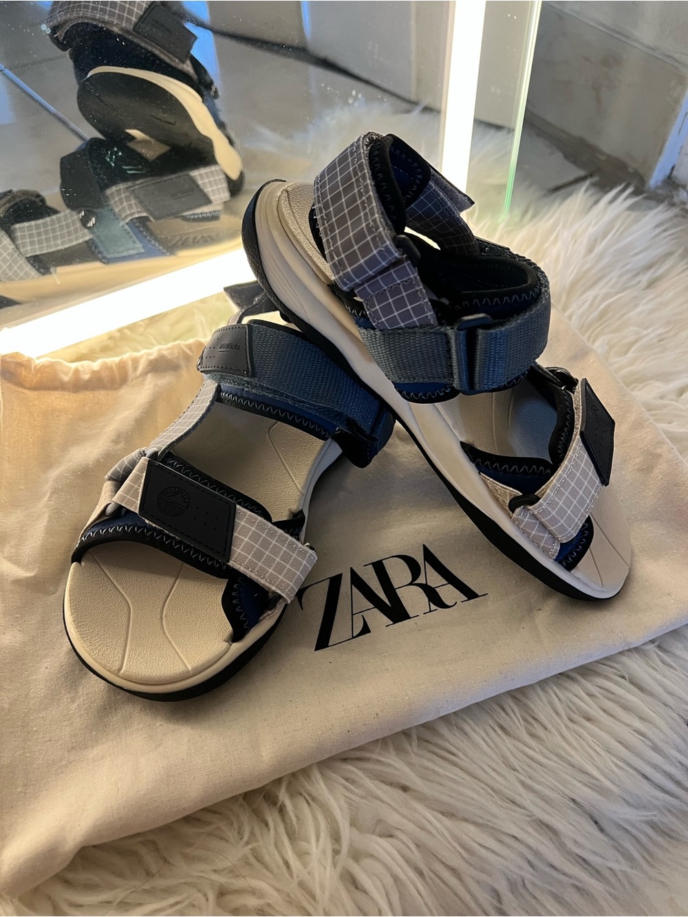 Zara Kids Navy, White & Gray Grid Adjustable Sport Sandals